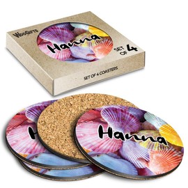 4 x Boxed Round Coasters - Name Hanna Sea Shells Letter Lettering Initial Cork Backed MDF Glossy Tea Coffee Accessory #265784