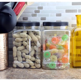 48-Ounce Square Plastic Jars (3-Pack); Clear Rectangular 6-Cup Canisters w/Black Lids, Easy-Grip Side