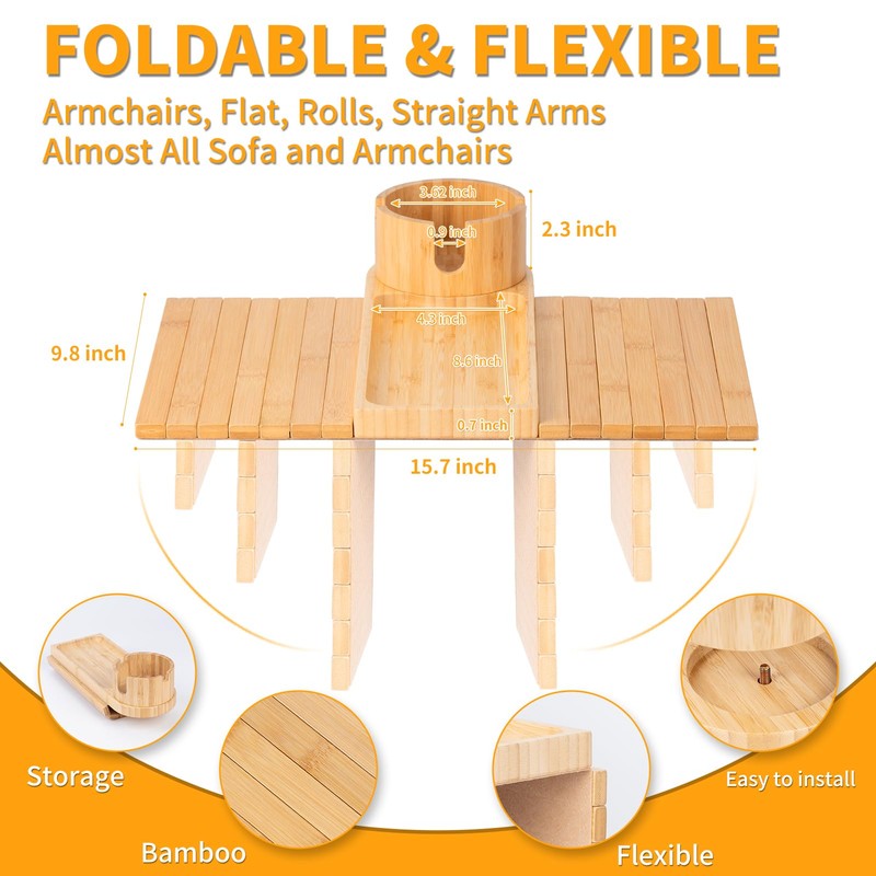 Bamboo Couch Cup Holder-Sofa Table Fits Most Sofas,3-in-1 Tray for