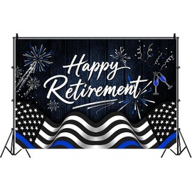HANSHUAI Happy Retirement Backdrop Navy Blue Police Flag Photography Background Going Away Party Black and Blue Police Theme Decoration Banner Portrait Photo Booth Studio Props 7x5ft FU07YL