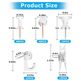 Clear Push Pins Set, 5 Styles 125-count Thumb Tacks Map Pins, Steel Point and Clear Plastic Head Pushpins Transparent Thumbtacks for Cork Board Bulletin Boards