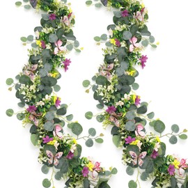 ASTNIC Pack of 2 5.68 ft Artificial Eucalyptus Garland with 3D Butterflies Flower Artificial Hanging Plant Silk Eucalyptus Leaves Garland for Background Wedding Arch Wall Table Decoration