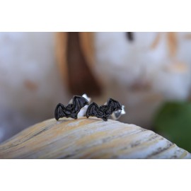 WINDALF Moonlight 9mm Black Bats Gothic Stud Earrings Jewellery 925 Sterling Silver, Fabric jewellery bag