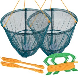 A1FISHER Set of 2 Crab Drop Net with Bait Bag & Rope & Line Handle for Catching Crab, Fish, Prawn, Crayfish, Lobster, Portable Crabbing Kit for Outdoor, Green W30cm x H25cm