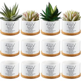 12 Pieces May You Be Proud Gift Succulent Pots 3.15 Inch Mini Ceramic Plant Pots with Bamboo Tray Small Flower Pots for Coworker Employee Volunteer Nurse Appreciation Thank You Gifts