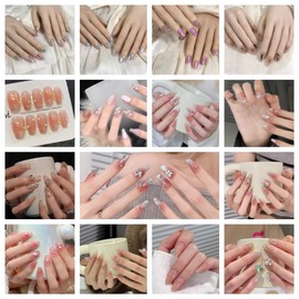 100PCS Randomised set of 10 Different Pure Handmade Nails Press on Nail Reusable Fake Nails designs Stick on Nails French Tip False Nails (M, Random non-repeatable 10 Sets)