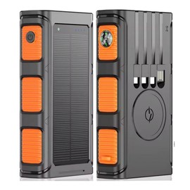 MR. GADGETS Solar MagPower, Banco De Energía, 30,000mAh, Carga Rápida, Power Bank Inalámbrica Qi, 4 Cables Integrados, Bateria Portátil, Energía Sustentable, Linterna, Brújula Integrada (Naranja)