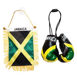 Rainbow Trading Jamaican Flag and Mini Boxing Gloves Combo Set Bundle, Car Rear-View Mirror, Accessory, Home Office Decor, Gift Souvenir Patriotic Present, Show Piece, Show Case Display (Jamaica)