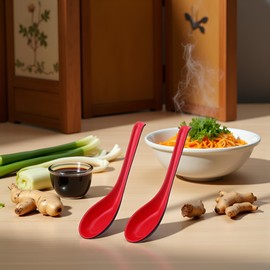 2PCS Asian Soup Spoons, Chinese Japanese Miso Ramen Wonton Dumpling Pho Rice Noodle Soba Soup Spoons, Red and Black Melamine Spoons