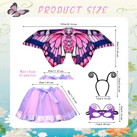 Children's Butterfly Costume Set of 4 Carnival Costume Children Butterfly with Butterfly Wings, Tutu Skirt Children, Headband, Mask, Butterfly Costume Girls for Carnival/Masquerade/Theme Party