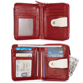 BOSTANTEN Leather Wallets for Women RFID Blocking Zipper Pocket Small Bifold Wallet Card Case Floral Red