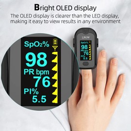 Fingertip Pulse Oximeter, Blood Oxygen Saturation Monitor (SpO2) with Pulse Rate, Perfusion Index with Alarm, OLED Display, Batteries and Lanyard Included