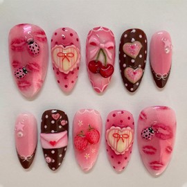 Medium Press on Nails Almond Fake Nails Heart French Nails Press on Star Strawberry Acrylic Nails Gradient Bow Stick on Nails Pink Glossy False Nails Full Cover Glue on Nails for Women Manicure 30Pcs