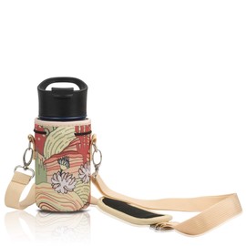 Made Easy Kit Neoprene Water Bottle Carrier Holder with Adjustable Shoulder Strap for Insulating & Carrying Water Container Canteen Flask Available in 5 Sizes (Desert Khaki Cactus, S (12oz-14oz))