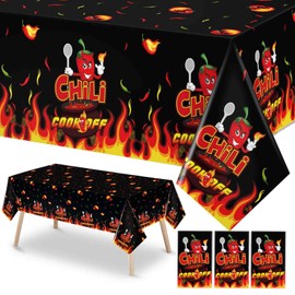 Oudain 3 Pcs Chili Cook Off Tablecloths 86" x 51" Chili Pepper Party Decorations Disposable Pepper Flame Table Covers for BBQ Mexican Party Favor Supplies (Vivid Style)