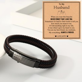 KLIFOWDY Gifts for Husband from Wife Leather Bracelet for Men American Flag Mens Bracelet with Card Adjustable Leather Cuff Bracelets for Men Jewelry Gifts