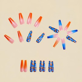Long Press on Nails Square Blue Orange French Tip Fake Nails with Leopard Print Design Long Ballet Glue on Nails Full Cover Acrylic Nails Summer False Nails Glossy Stick on Nails for Women24Pcs