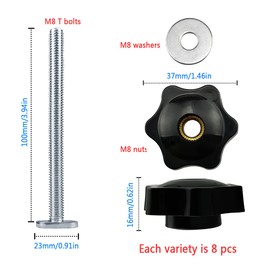 24 Pcs T Track Bolts And Plastic Hand Nuts Kit,M8 t Slot Bolts,T Track Clamp Accessories For Woodworking Tool Slot Fastener And Fixtures (T)