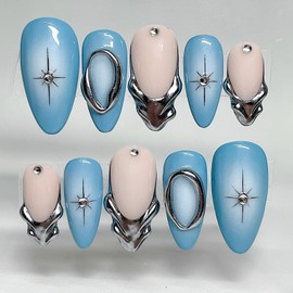 24Pcs Silver French Tip Press on Nails Medium Almond Fake Nails Star with Rhinestones Glitter Designs Artificial Blue Full Cover Acrylic Glue on Nails Y2K False Nails for Women Daily Wear Decorations