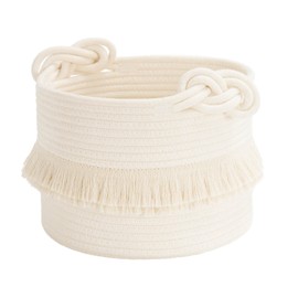CherryNow Small Woven Storage Baskets, 9.5'' x 7'' inches Cotton Rope Decorative Hamper for Diaper, Blankets, Magazine and Keys, Cute Tassel Nursery Decor - Home Storage Container, Off-white