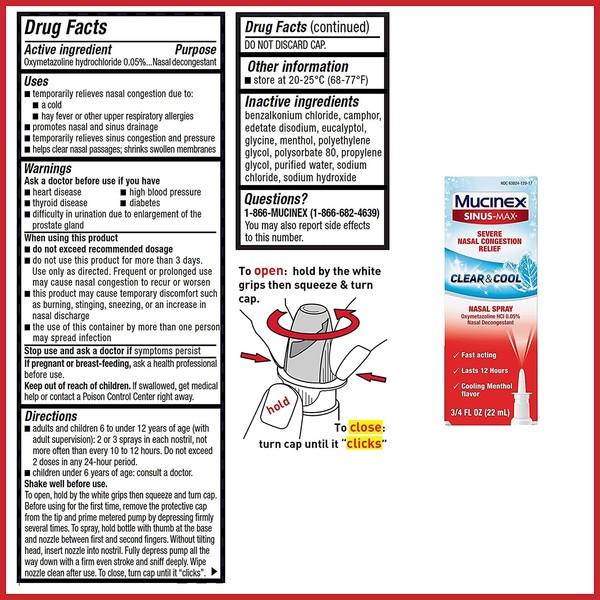 Mucinex Nasal Decongestant Spray, Sinus-Max Severe Nasal Congestion Relief Clear & Cool Nasal Spray, Lasts 12 Hours, Fast Acting, Cooling Menthol Flavor, Packaging May Vary, 0.75 Fl Oz (Pack of 6)