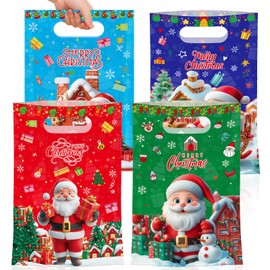 50 Pcs Merry Christmas Gift Bags with Handles-Cute Xmas Goodie Bag Santa Claus Plastic Goody Candy Cookie Snack Treat Party Favor Bags Bulk for Winter Holiday Christmas Party Supplies Favors, 4 Style