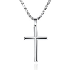Brateuanoii Men's Cross Chain, Silver Men's Cross Necklace, Suitable for Men and Women, 60 cm Necklace Cross, Diamond-shaped Face, Silver, Titanium steel