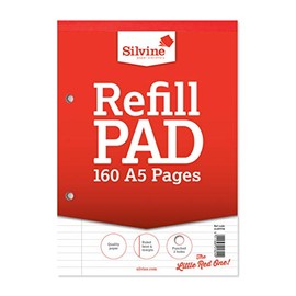 Silvine 160 Page A5 Refill Pad, Head Bound and Punched 2 Holes. Ruled 8mm Feint with Margin. Ref A5RPFM, White