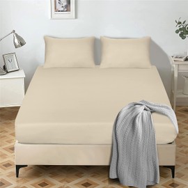 My home store Fitted Sheet 25 cm Deep Brushed Microfiber Ultra Soft No-Iron Wrinkle-Resistant Plain Dyed Fitted Bed Sheets Hypoallergenic Breathable Sheets (Cream, King)
