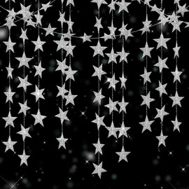Glitter Star Garland Banner Decor, Double Side Glitter Paper Star Garland,13 Feet Bright Star Hanging Bunting Banner Backdrop for 2025 New Year Decor Graduation Wedding Birthday Christmas (ilver)