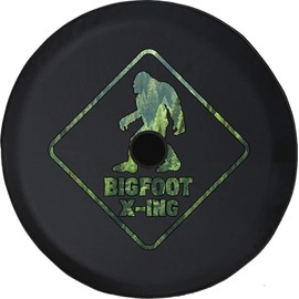 Funny Spare Tire Wheel Cover for Camper SUV Trailer Truck RV JP Thick PVC Leather | Bigfoot Sasquatch Crossing Woods Black 33 Inch with Backup Camera Hole