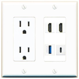 RiteAV 2 HDMI USB-3 USBC Wall Plate with 15A Power Outlet [White]