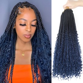Goddess Box Braids Crochet Hair With Curly Ends 18 Inch Bohomian Box Braids Crochet Braids 8 Packs 3X Crochet Braids Synthetic Braiding Hair Extension for Black Women (18 Inch (Pack of 8), MDark Blue)