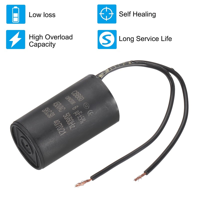 PATIKIL 6uf CBB60 Run Capacitor, AC 450V 2 Wires 50/60Hz