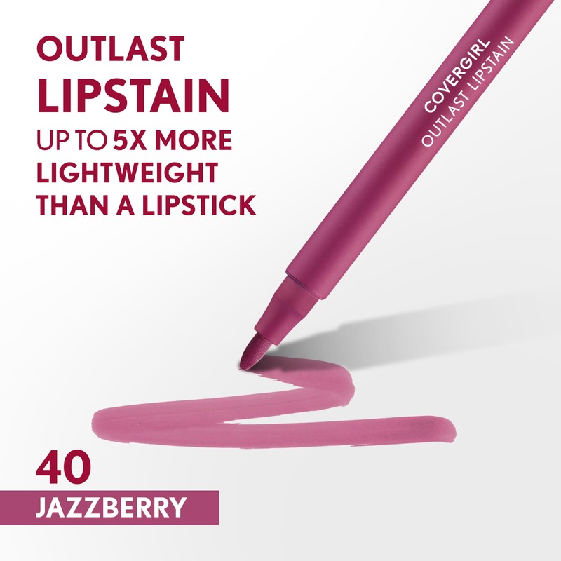 Covergirl Outlast Lipstain, 40 Jazzberry, Smooth Application, Precise Pen-Like Tip,