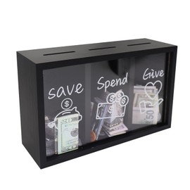 Mczxon Wooden Give Save Spend Money Saving Box for Kids, Money Coin Savings Piggy Bank Jar Box for Kid Safe Money Saver, Teach Children About Giving Saving Giving Money Piggy Box for Boys Girls, Black