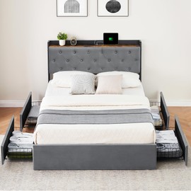 Full Size Bed Frame with Storage, Velvet Upholstered Platform Bed Frame with 4 Drawers, Charging Station, Headboard Shelf, Wooden Sturdy Design, Easy Assembly, Noise-Free Support, No Box Spring Needed
