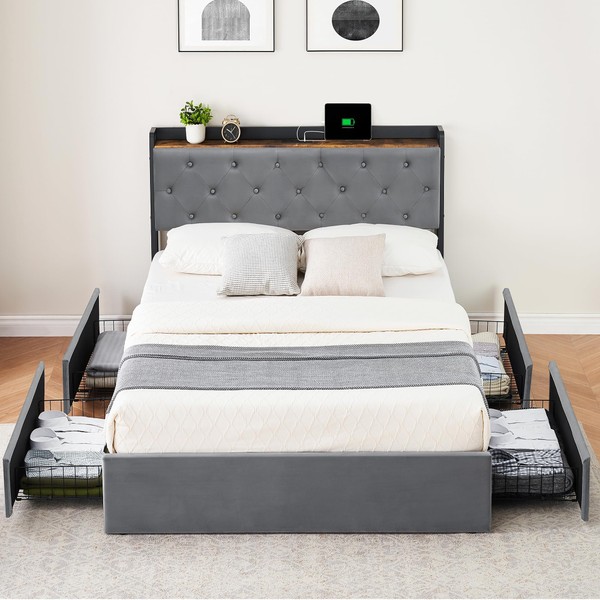 Full Size Bed Frame with Storage, Velvet Upholstered Platform Bed
