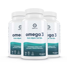Omvits Omvits Vegan Omega 3 DHA from Algae Oil 1000mg - 180 Softgel Capsules with Vitamin E - Sustainable Algal Alternative to Fish Oil - Vegetarian Essential Fatty Acids - Supports Heart, Brain & Eyes