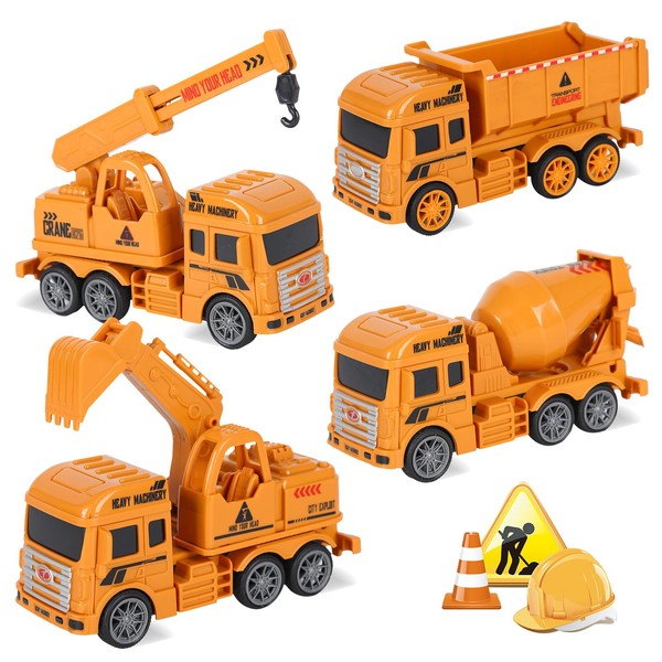 Fadcaer Kids Construction Truck Toy, 4 Pcs Construction Vehicles Trucks Toy Set Construction Little Cars Transporter Excavator Dumper Crane Truck Toys for Kids Toddlers