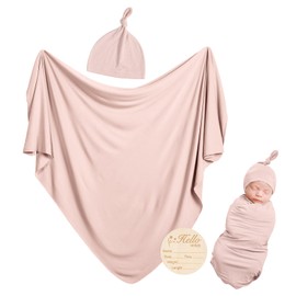 Rayon Made from Bamboo Newborn Swaddle Blanket Set with Matching Beanie, Super Soft Stretchy Baby Clothes Outfit for Girl Boy, Receiving Blankets Newborn Essentials, 35 x 35 Inch