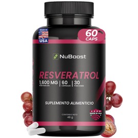 NUBOOST Resveratrol 1600 mg con Vitamina C, Acai y Pimienta Negra  Suplemento Alimenticio Antioxidante con Extracto 95 Trans Resveratrol  60 Cápsulas 