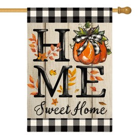 AVOIN colorlife Home Sweet Home Pumpkin Fall House Flag 28x40 Inch Double Sided Outside, Wood Grain Autumn Buffalo Plaid Yard Outdoor Flag