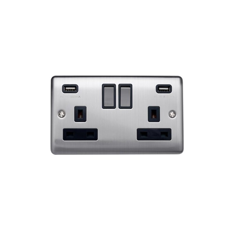 Caradok 2 Gang Double Pole switched socket with USB sockets