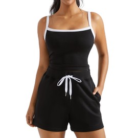 OMKAGI Women 2 Piece Outfits Sleeveless Tank Top Sweat Shorts Set with Pockets Vacation Sets(XS,316-White Black Patchwork)