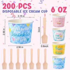 Ninehaoou 200 Sets 6 oz Ice Cream Paper Cups with Wooden Spoons Bulk Ice Cream Sundae Bar Supplies Disposable Dessert Bowls Containers for Spring Summer Graduation Bar Party Decorations Supplies