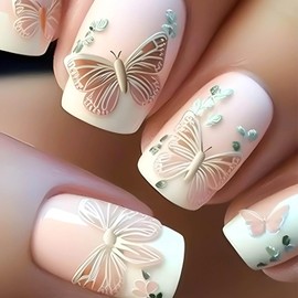 RUOKEXIN Square Press on Nails Medium Fake Nails White French False Nails with Butterfly Designs Spring Nail Press ons Full Cover Glue on Nails Artificial Nails Cute Stick on Nails for Women 24Pcs