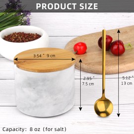 2 Sets Marble Salt Cellar Box with Bamboo Lid & Metal Spoon, Modern Stone Salt or Pepper Sugar Spice Seasoning Bowl Container Jar Holder Well Keeper Dish Pig Crock for Kitchen (White and Dark Grey)