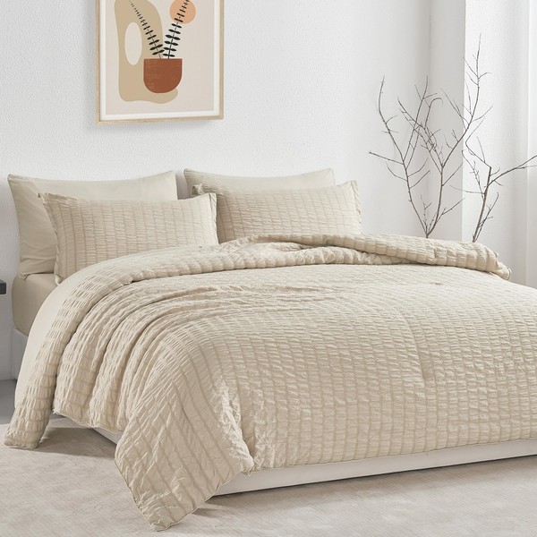 JELLYMONI Seersucker Comforter Set Queen Size with Sheets, Cream Grey