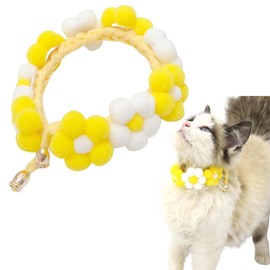 I'm so happy Cat Collar, Scrunchie, Floral Pattern, Cute, Ribbon, Fluffy, Dog, Pom Pom, Soft, Stylish, Pet (Yellow, XS)